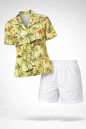Gün Batımı Tropikal Desenli Kısa Kol Gömlek Şort Takım Yazlık Rahat Kalıp - Desenli