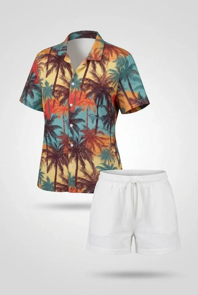 Tropikal Palmiye Desenli Kısa Kol Gömlek Şort Takım Yazlık Rahat Kalıp - Desenli Tropikal Palmiye Desenli Kısa Kol Gömlek Şort Takım Yazlık Rahat Kalıp - Desenli