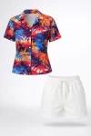 Renkli Tropikal Palmiye Desenli Kısa Kol Gömlek Şort Takım Yazlık Rahat Kalıp – Desenli