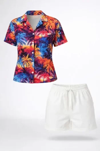 Renkli Tropikal Palmiye Desenli Kısa Kol Gömlek Şort Takım Yazlık Rahat Kalıp - Desenli