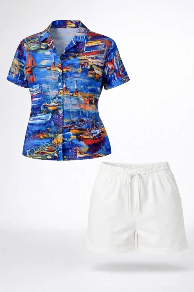 Deniz Temalı Desenli Kısa Kol Gömlek Şort Takım Yazlık Rahat Kalıp - Desenli Deniz Temalı Desenli Kısa Kol Gömlek Şort Takım Yazlık Rahat Kalıp - Desenli