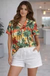 Tropikal Palmiye Desenli Kısa Kol Gömlek Şort Takım Yazlık Rahat – Desenli