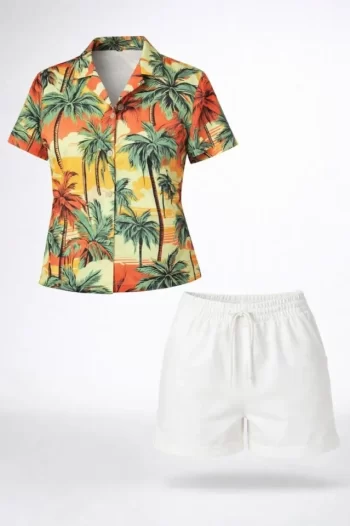 Tropikal Palmiye Desenli Kısa Kol Gömlek Şort Takım Yazlık Rahat - Desenli