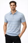 Erkek Triko Polo Yaka Fermuarlı Çizgili Tişört T-Shirt Yazlık Şık – Bebek Mavisi