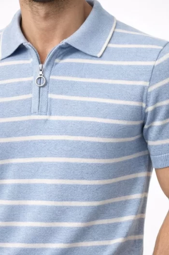 Erkek Triko Polo Yaka Fermuarlı Çizgili Tişört T-Shirt Yazlık Şık - Bebek Mavisi