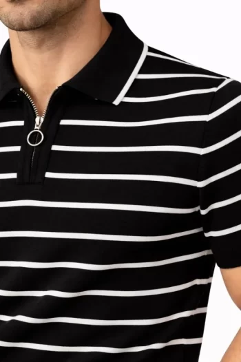 Erkek Triko Polo Yaka Fermuarlı Çizgili Tişört T-Shirt Yazlık Şık - Siyah