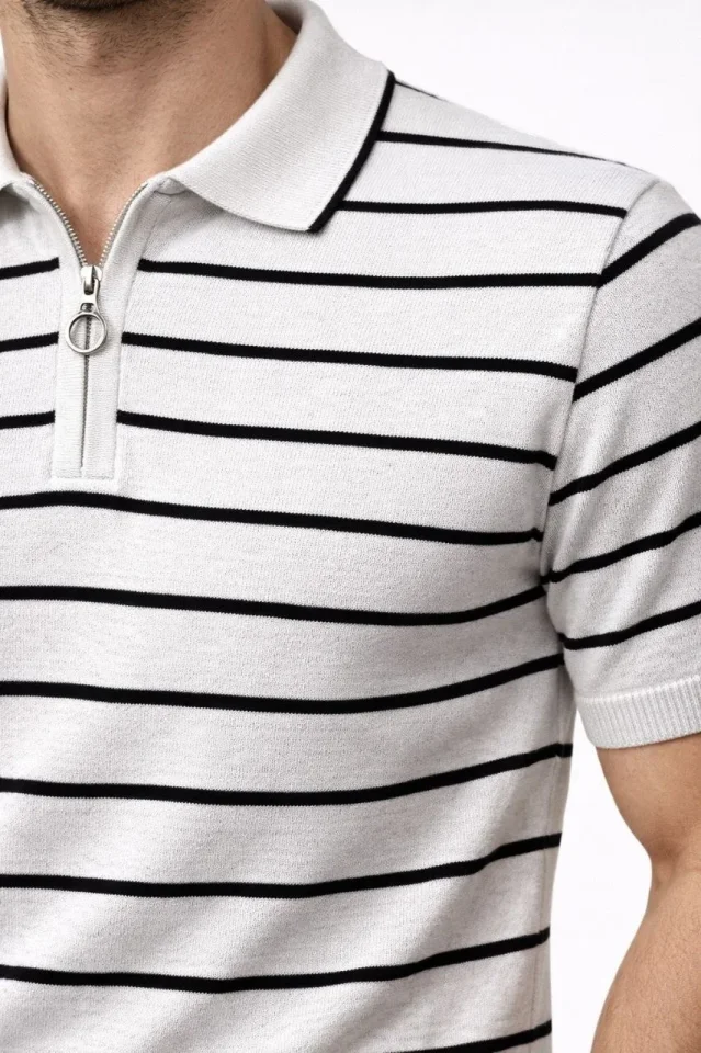 Erkek Triko Polo Yaka Fermuarlı Çizgili Tişört T-Shirt Yazlık Şık - Beyaz Erkek Triko Polo Yaka Fermuarlı Çizgili Tişört T-Shirt Yazlık Şık - Beyaz