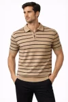 Erkek Triko Polo Yaka Fermuarlı Çizgili Tişört T-Shirt Yazlık Şık – Kahverengi