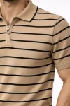Erkek Triko Polo Yaka Fermuarlı Çizgili Tişört T-Shirt Yazlık Şık – Kahverengi
