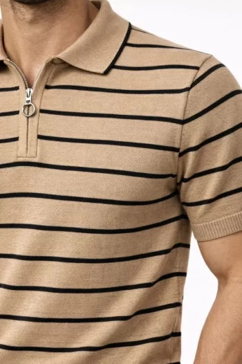 Erkek Triko Polo Yaka Fermuarlı Çizgili Tişört T-Shirt Yazlık Şık - Kahverengi