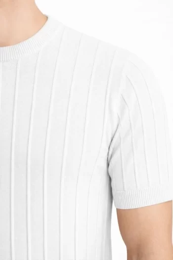 Erkek Yazlık Fitilli Triko Tişört Kısa Kol Bisiklet Yaka T-Shirt - Beyaz