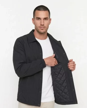 Erkek Yağmur İtici İç Astarlı Çıtçıtlı İç Cepli Dış Cepli Mevsimlik Mont - Siyah