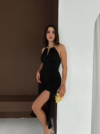 Uzun Abiye Elbise Yırtmaçlı Sırt Dekolteli Şık Gece Elbisesi - Siyah