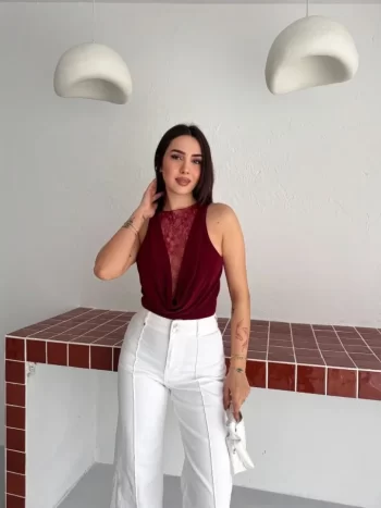 Dantel Detaylı Derin Dekolte Body Şık Kolsuz Yazlık Bodysuit - Bordo