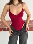 Derin Dekolte Askılı Body Sırt Dekolteli Şık Kolsuz Yazlık Bodysuit – Kırmızı