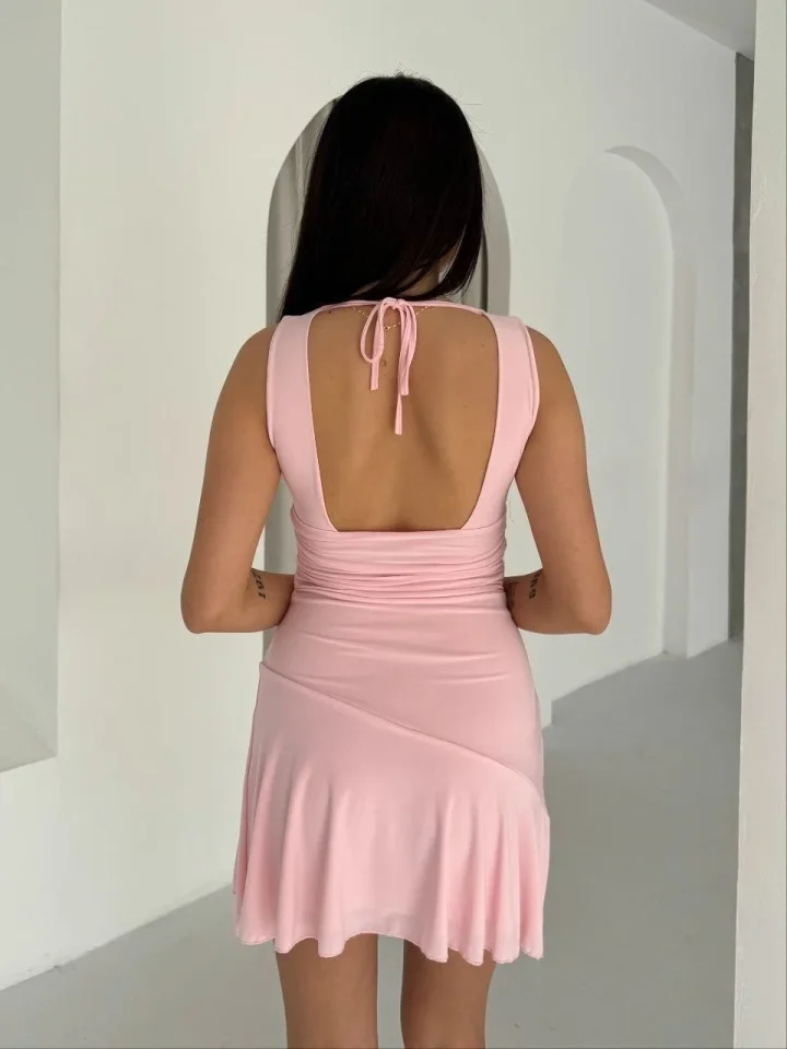 Derin V Yaka Sırt Dekolteli Mini Elbise Drapeli Şık Kolsuz - Pembe Derin V Yaka Sırt Dekolteli Mini Elbise Drapeli Şık Kolsuz - Pembe