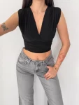 Vatkalı Kolsuz V Yaka Drapeli Crop Bluz Likralı Fit – Siyah