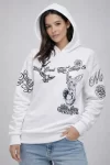 3 İplik Pamuklu Kapüşonlu Baskılı SweatShirt Hoodie – Beyaz