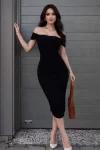 Madonna Yaka Drapeli Midi Elbise Likralı Vücuda Oturan Davet Elbisesi – Siyah