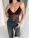 Dantel Detaylı Derin Dekolte Body Şık Kolsuz Yazlık Bodysuit – Kahvrenegi