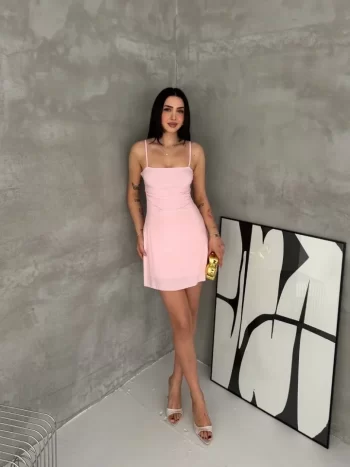 Askılı Şifon Mini Elbise Drapeli Bel Vücuda Oturan Yazlık Şık - Pembe