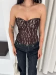 Fermuarlı Dantel Korse Straplez Bustiyer Transparan Şık Top – Kahverengi
