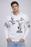 Erkek 3 İplik Pamuklu Kapüşonlu Baskılı SweatShirt Hoodie – Beyaz