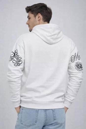 Erkek 3 İplik Pamuklu Kapüşonlu Baskılı SweatShirt Hoodie - Beyaz