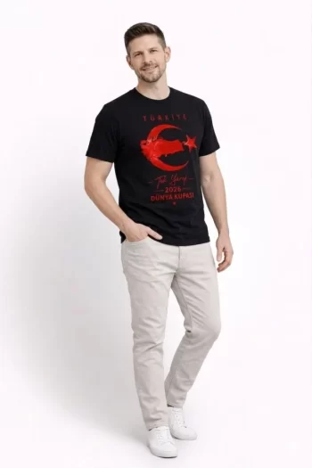 Erkek TÜRKİYE Ay Yıldız Baskılı Taraftar Forma T-Shirt - Siyah