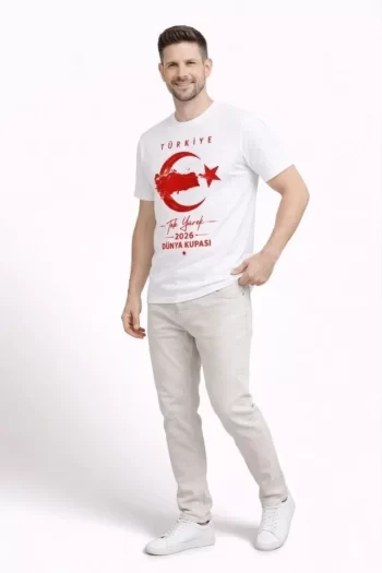 Erkek TÜRKİYE Ay Yıldız Baskılı Taraftar Forma T-Shirt - Beyaz