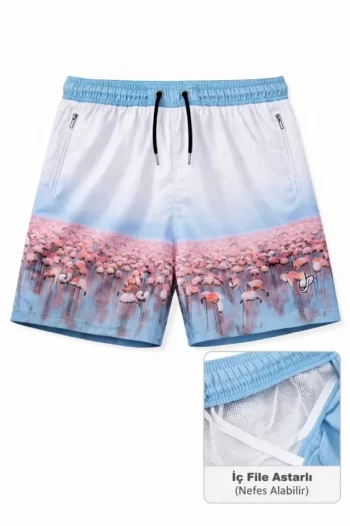 Erkek Deniz Şortu Fermuarlı Cepli File Astarlı Hızlı Kuruyan Premium - Beyaz