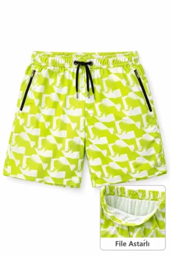 Erkek Deniz Şortu Fermuarlı Cepli File Astarlı Hızlı Kuruyan Premium - Sarı