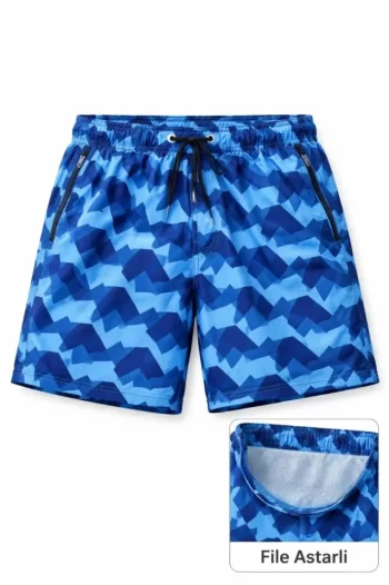 Erkek Deniz Şortu Fermuarlı Cepli File Astarlı Hızlı Kuruyan Premium - Mavi