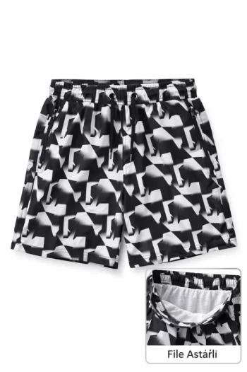 Erkek Deniz Şortu Fermuarlı Cepli File Astarlı Hızlı Kuruyan Premium - Siyah