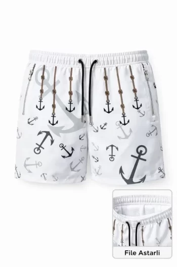 Erkek Deniz Şortu Fermuarlı Cepli File Astarlı Hızlı Kuruyan Premium - Beyaz