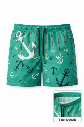 Erkek Deniz Şortu Fermuarlı Cepli File Astarlı Hızlı Kuruyan Premium - Su Yeşili