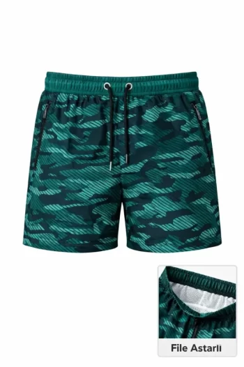 Erkek Deniz Şortu Fermuarlı Cepli File Astarlı Hızlı Kuruyan Premium - Su Yeşili