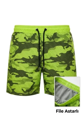 Erkek Deniz Şortu Fermuarlı Cepli File Astarlı Hızlı Kuruyan Premium - Neon Yeşili