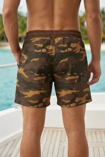 Erkek Deniz Şortu Fermuarlı Cepli File Astarlı Hızlı Kuruyan Premium - Kahverengi