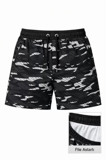 Erkek Deniz Şortu Fermuarlı Cepli File Astarlı Hızlı Kuruyan Premium - Siyah