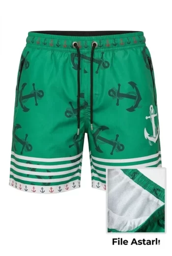 Erkek Deniz Şortu Fermuarlı Cepli File Astarlı Hızlı Kuruyan Premium - Su Yeşili