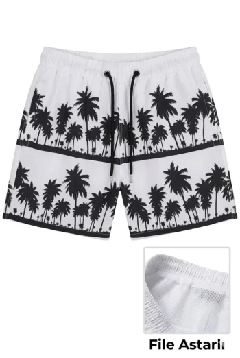 Erkek Deniz Şortu Fermuarlı Cepli File Astarlı Hızlı Kuruyan Premium - Beyaz