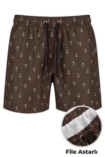 Erkek Deniz Şortu Fermuarlı Cepli File Astarlı Hızlı Kuruyan Premium - Kahverengi