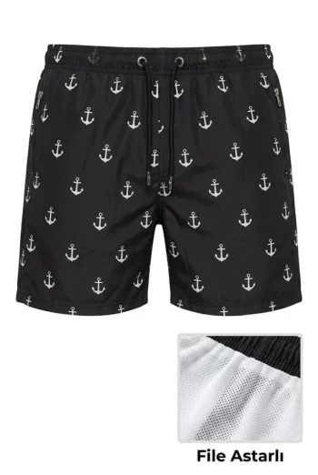 Erkek Deniz Şortu Fermuarlı Cepli File Astarlı Hızlı Kuruyan Premium - Siyah