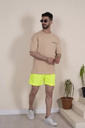 Erkek Deniz Şortu Fermuarlı Cepli File Astarlı - Neon Yeşili