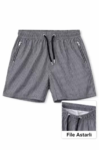 Deniz Şortu Fermuarlı Cepli File Astarlı Hızlı Kuruyan Premium - Siyah