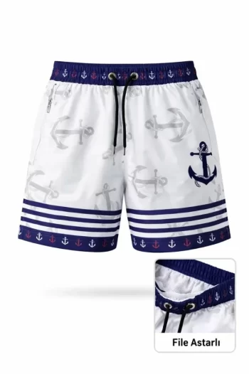 Deniz Şortu Fermuarlı Cepli File Astarlı Hızlı Kuruyan Premium - Beyaz