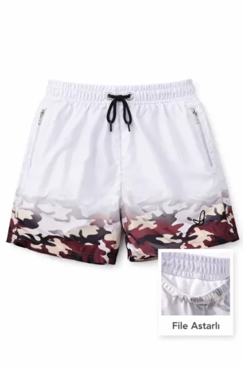 Deniz Şortu Fermuarlı Cepli File Astarlı Hızlı Kuruyan Premium - Beyaz