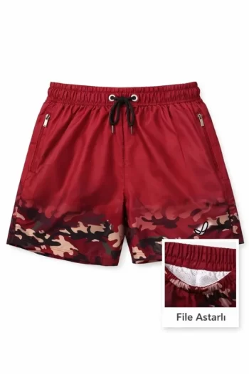 Deniz Şortu Fermuarlı Cepli File Astarlı Hızlı Kuruyan Premium - Bordo