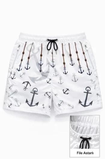 Deniz Şortu Fermuarlı Cepli File Astarlı Hızlı Kuruyan Premium - Beyaz